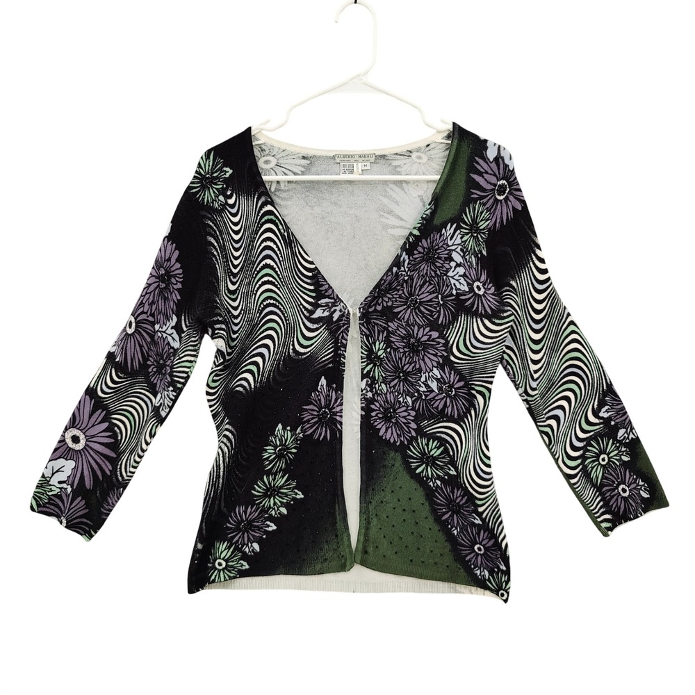 ALBERTO MAKALI‎ Womens Black Floral Retro Cardigan Beaded Medium Knit Stretchy